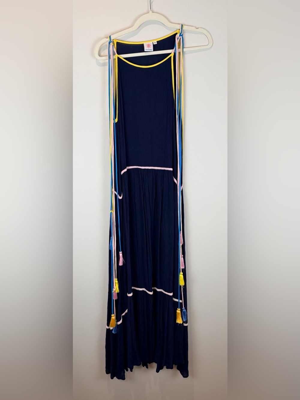 Tessie’s Women's Maxi Beach Resort Wear Navy Dress with Pink Trim Size Medium